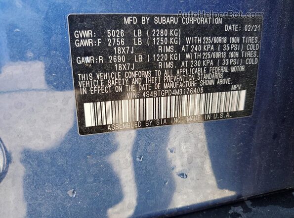 4S4BTGPD4M3176406 2021 SUBARU OUTBACK Blue 
