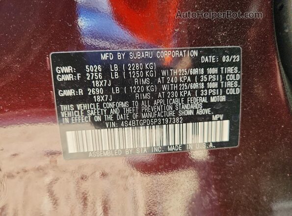 4S4BTGPD5P3197382 2023 SUBARU OUTBACK Burgundy 360 interior view