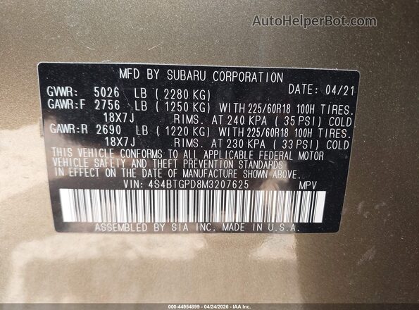 4S4BTGPD8M3207625 2021 SUBARU OUTBACK Gray Engine compartment view