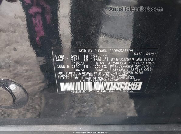 4S4BTGPDXM3190102 2021 SUBARU OUTBACK Black 