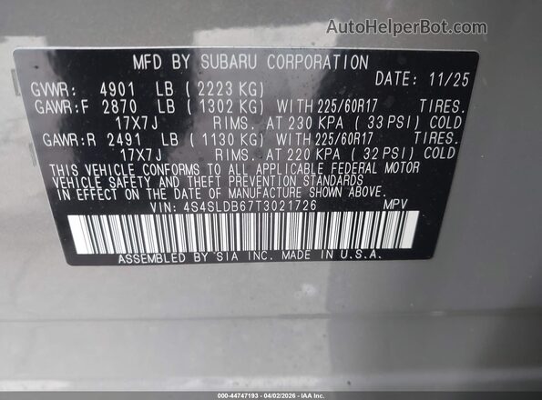 4S4SLDB67T3021726 2026 SUBARU FORESTER Gray Вид підкапотного простору