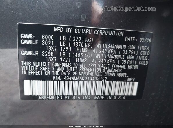 4S4WMAAD0T3413122 2026 SUBARU ASCENT Gray ძრავის განყოფილების ხედი