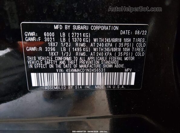 4S4WMACD1N3456531 2022 SUBARU ASCENT Black Вид підкапотного простору