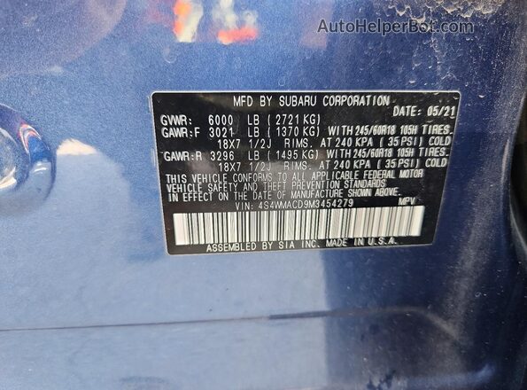 4S4WMACD9M3454279 2021 SUBARU ASCENT Blue VIN կոդի պիտակի տեսք