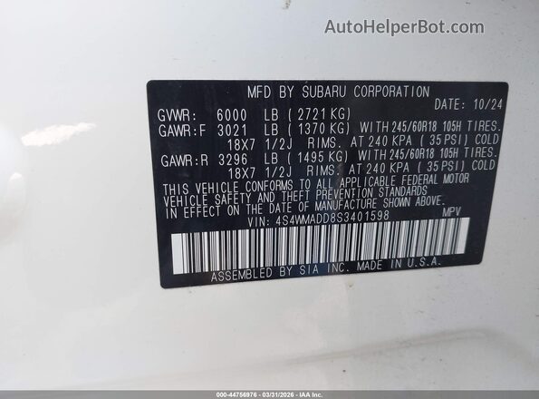 4S4WMADD8S3401598 2025 SUBARU ASCENT White ძრავის განყოფილების ხედი