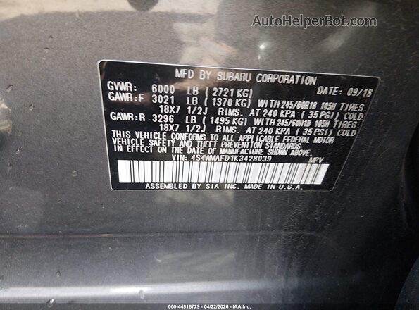 4S4WMAFD1K3428039 2019 SUBARU ASCENT Gray Engine compartment view