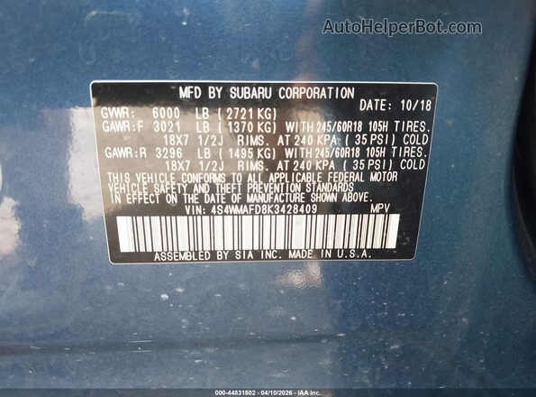 4S4WMAFD8K3428409 2019 SUBARU ASCENT Синий Вид подкапотного пространства
