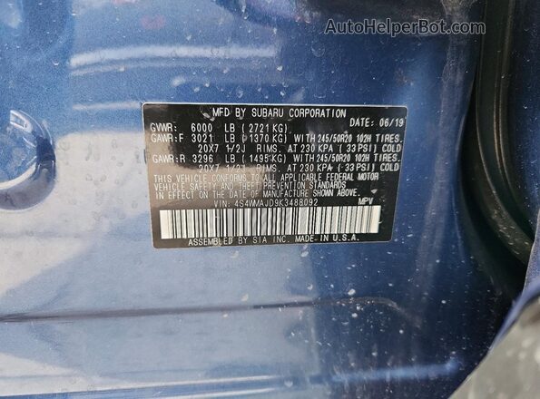 4S4WMAJD9K3488092 2019 SUBARU ASCENT Blue Панорамний вид салону 360°