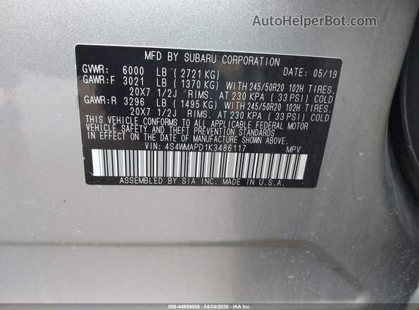 4S4WMAPD1K3486117 2019 SUBARU ASCENT Gray Vista del compartimento del motor