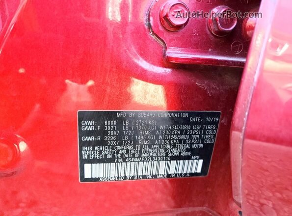 4S4WMAPD2L3430110 2020 SUBARU ASCENT Red Widok wnętrza 360 stopni