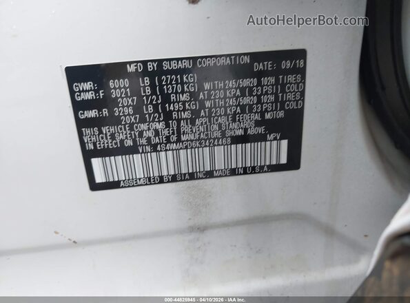 4S4WMAPD6K3424468 2019 SUBARU ASCENT White ძრავის განყოფილების ხედი