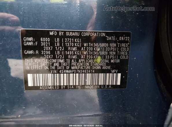 4S4WMAPD7N3463414 2022 SUBARU ASCENT Blue 