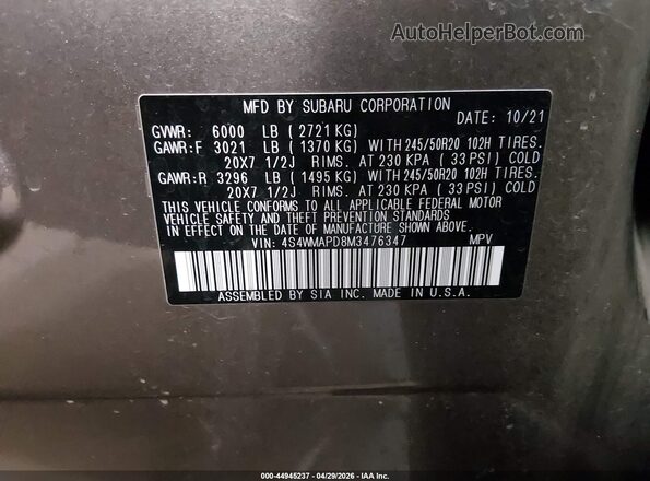 4S4WMAPD8M3476347 2021 SUBARU ASCENT Gold Շարժիչի բաժամունքի տեսք