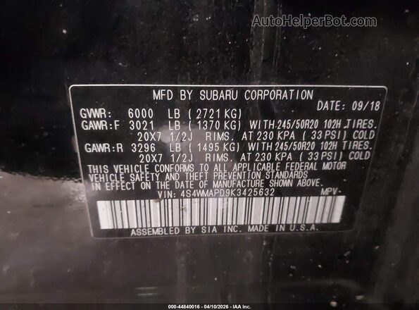 4S4WMAPD9K3425632 2019 SUBARU ASCENT Black 