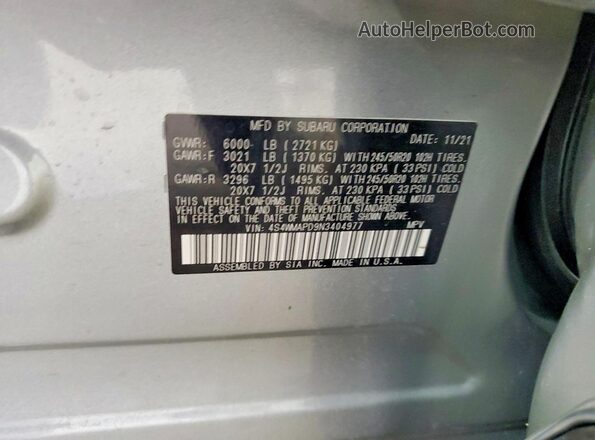 4S4WMAPD9N3404977 2022 SUBARU ASCENT Silver VIN sticker view