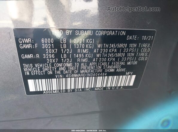 4S4WMARD1N3404484 2022 SUBARU ASCENT Серый Вид подкапотного пространства