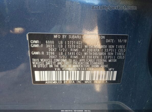 4S4WMARD7K3431104 2019 SUBARU ASCENT Blue Widok komory silnika