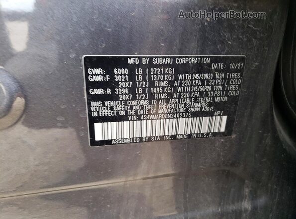 4S4WMARD8N3402375 2022 SUBARU ASCENT Серый Вид наклейки с VIN-кодом