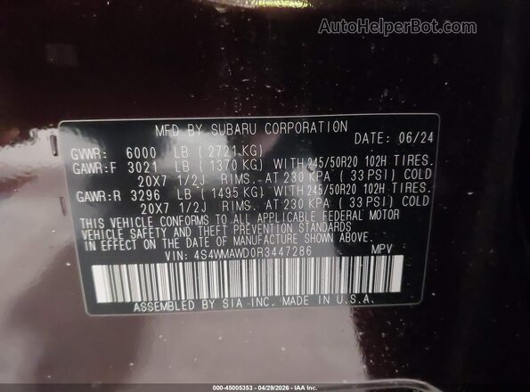 4S4WMAWD0R3447286 2024 SUBARU ASCENT Purple Vista del compartimento del motor