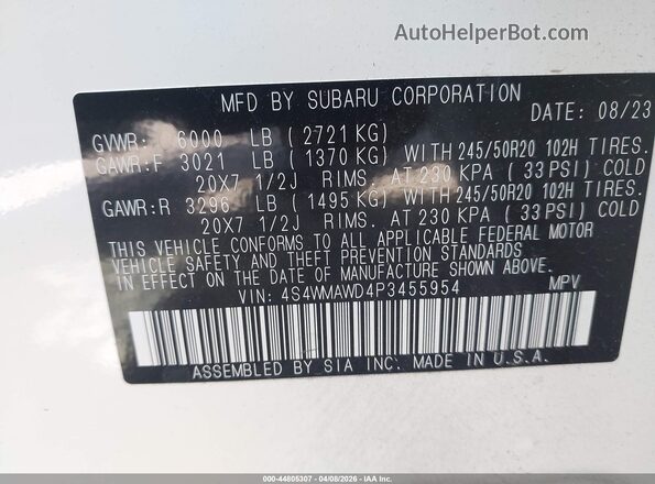 4S4WMAWD4P3455954 2023 SUBARU ASCENT White ძრავის განყოფილების ხედი