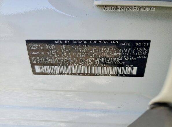 4S4WMAWD7P3449453 2023 SUBARU ASCENT White VIN կոդի պիտակի տեսք