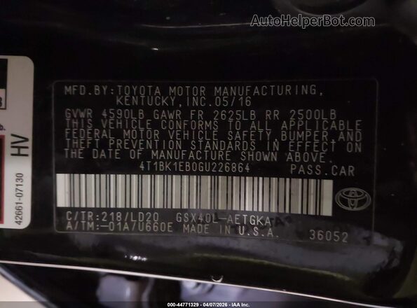 4T1BK1EB0GU226864 2016 TOYOTA LE Black Вид підкапотного простору