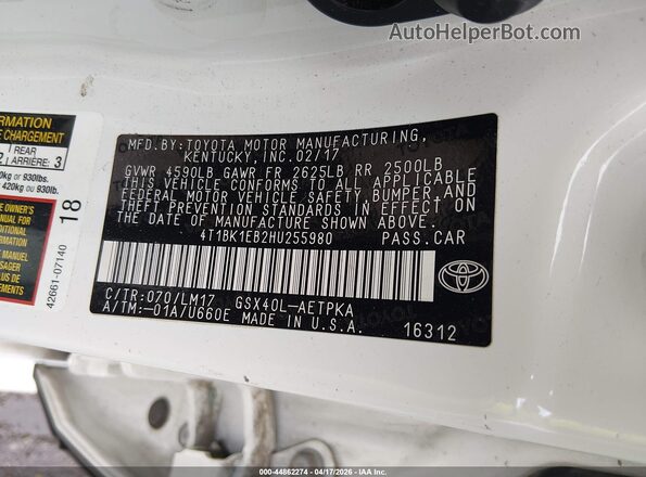 4T1BK1EB2HU255980 2017 TOYOTA LIMITED White ძრავის განყოფილების ხედი