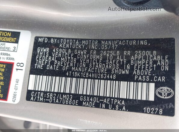 4T1BK1EB4HU263448 2017 TOYOTA LIMITED Champagne Widok komory silnika