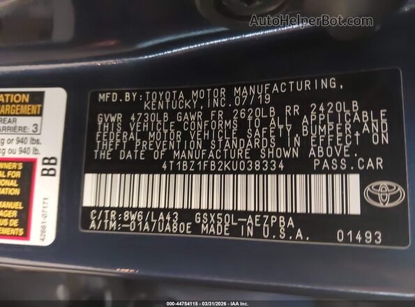 4T1BZ1FB2KU038334 2019 TOYOTA LIMITED Blue Engine compartment view