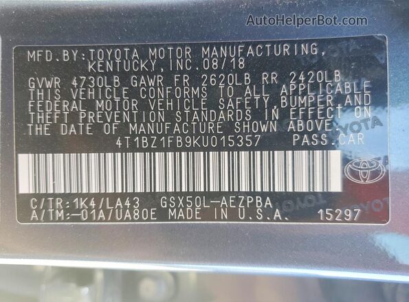 4T1BZ1FB9KU015357 2019 TOYOTA LIMITED Blue 