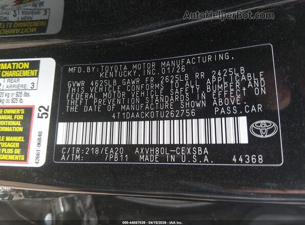 4T1DAACK0TU262756 2026 TOYOTA CAMRY Black Вид підкапотного простору