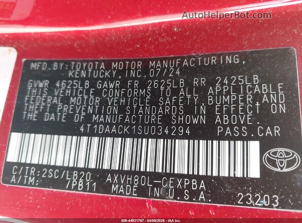 4T1DAACK1SU034294 2025 TOYOTA CAMRY Red Շարժիչի բաժամունքի տեսք