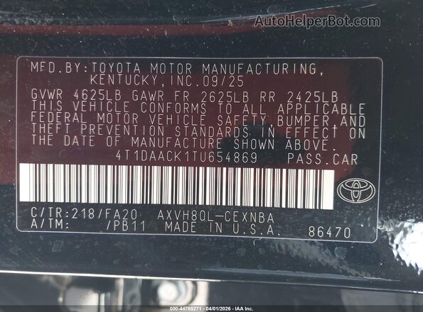 4T1DAACK1TU654869 2026 TOYOTA LE Black Widok komory silnika