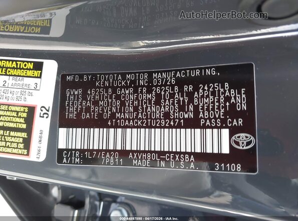 4T1DAACK2TU292471 2026 TOYOTA CAMRY Серый Вид подкапотного пространства