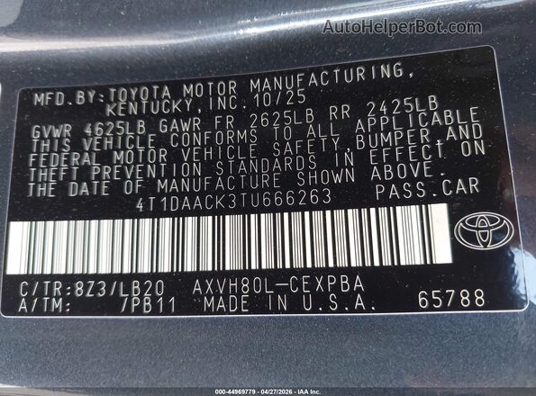 4T1DAACK3TU666263 2026 TOYOTA CAMRY Blue Вид підкапотного простору