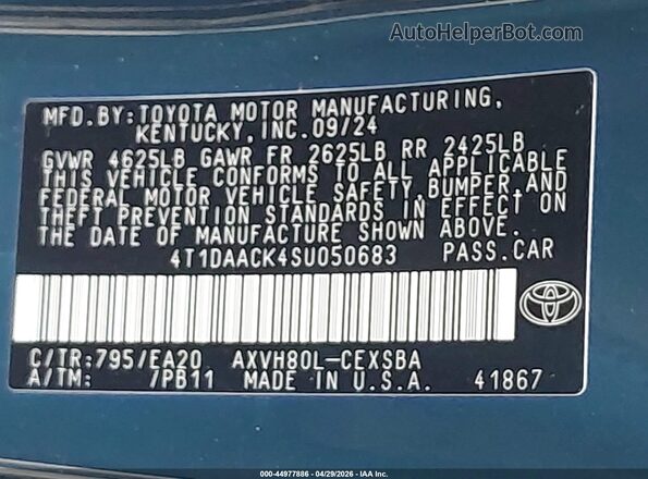 4T1DAACK4SU050683 2025 TOYOTA CAMRY Blue ძრავის განყოფილების ხედი