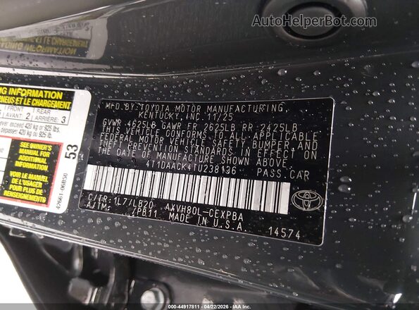 4T1DAACK4TU238136 2026 TOYOTA CAMRY Gray Շարժիչի բաժամունքի տեսք