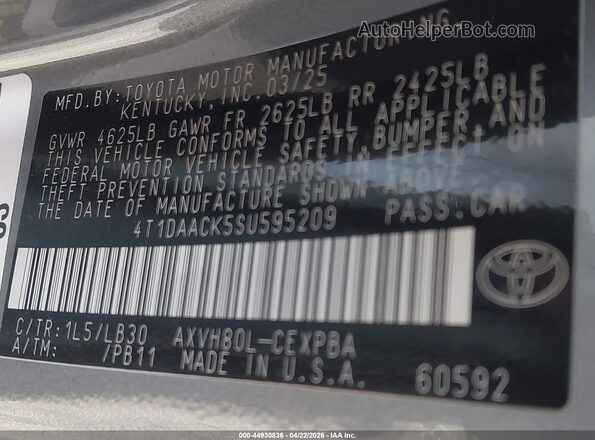 4T1DAACK5SU595209 2025 TOYOTA CAMRY Серый Вид подкапотного пространства