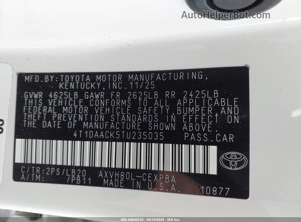 4T1DAACK5TU235035 2026 TOYOTA CAMRY White ძრავის განყოფილების ხედი