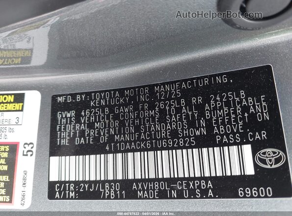 4T1DAACK6TU692825 2026 TOYOTA CAMRY Gray Vista del compartimento del motor