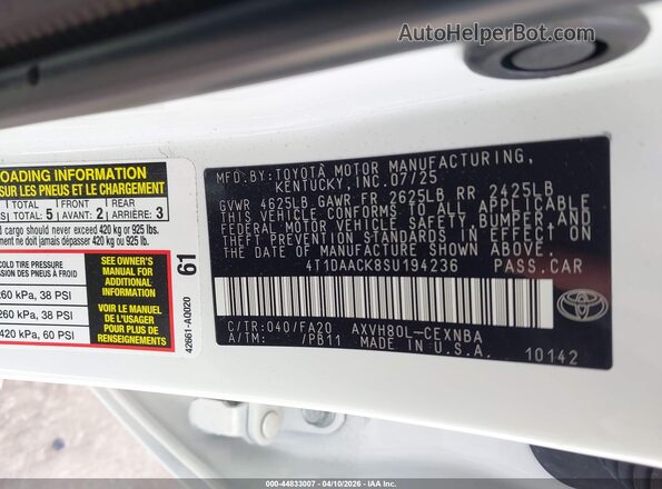 4T1DAACK8SU194236 2025 TOYOTA LE Белый Вид подкапотного пространства