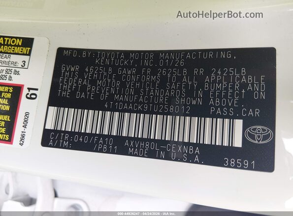 4T1DAACK9TU258012 2026 TOYOTA LE White Вид підкапотного простору