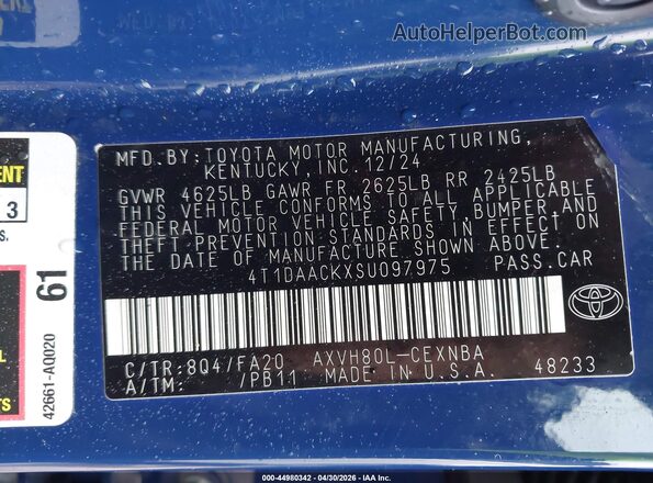 4T1DAACKXSU097975 2025 TOYOTA LE Blue Շարժիչի բաժամունքի տեսք