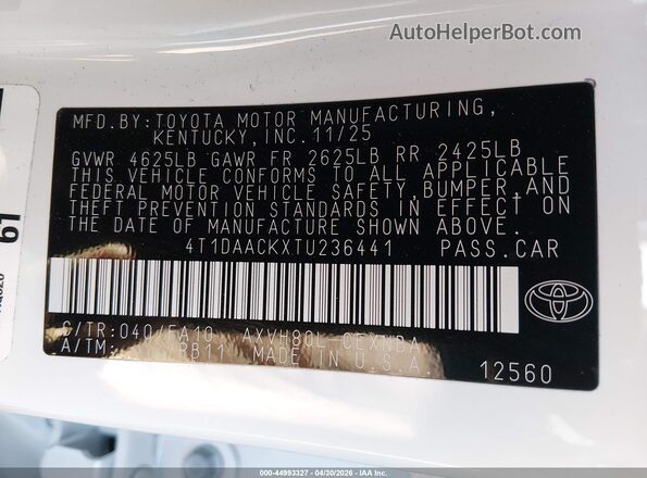 4T1DAACKXTU236441 2026 TOYOTA LE White Engine compartment view