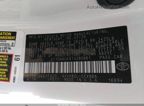 4T1DAACKXTU280861 2026 TOYOTA LE White 