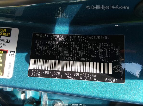 4T1DAACKXTU688177 2026 TOYOTA CAMRY Teal Vista del compartimento del motor