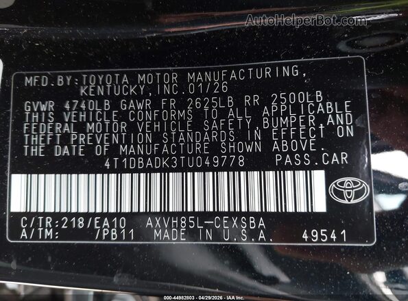 4T1DBADK3TU049778 2026 TOYOTA CAMRY Black Widok komory silnika