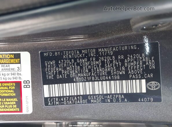 4T1DZ1FB3LU044198 2020 TOYOTA LIMITED Gray Vista del compartimento del motor