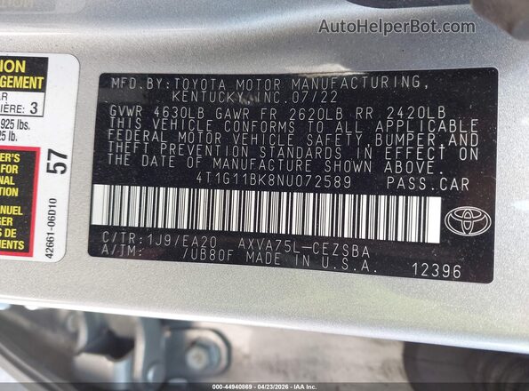 4T1G11BK8NU072589 2022 TOYOTA CAMRY Silver Widok komory silnika
