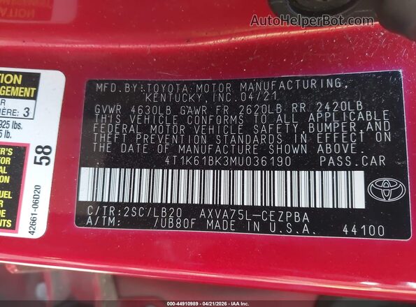 4T1K61BK3MU036190 2021 TOYOTA CAMRY Red ძრავის განყოფილების ხედი